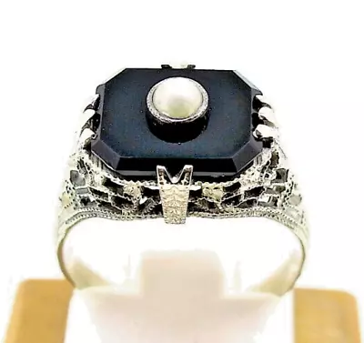 10k White Gold Antique Ring With A Pearl And  A Black Onyx Stone! Size: 4.1/2 • $343.85