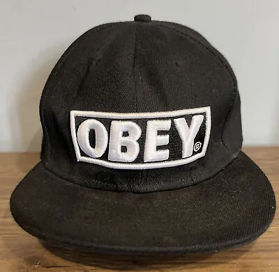 Vintage Black OBEY Logo Snapback Baseball Cap Skater Streetware Embroidered • $20
