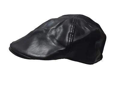 Mens Vintage 80s Black Faux Leather Flat Cap Hat Retro Indie Vegan Large • £8.95