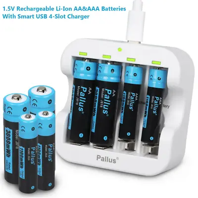 Pallus 1.5V AA AAA Rechargeable Lithium-Ion Batteries With Battery Charger LOT • £24.67