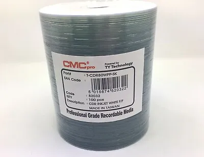 CMC Pro Taiyo Yuden 52X CDR 80min 700MB White Inkjet Hub Printable CD-R 100 Pack • £33.99