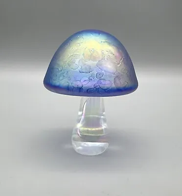 Heron Art Glass Blue Iridescent Mushroom Mini Paperweight Figurine • $39.99