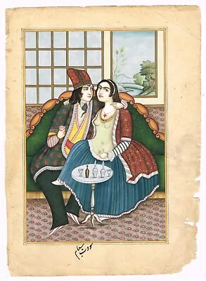 A Couple Embracing Hand Miniature Persian Qajar Painting On Paper 6.5x9 Inches • $724.99