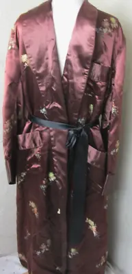 Smoking Jacket Leisure Robe Burgundy Satin Floral Oriental Pattern Mens Size 44 • $65.59