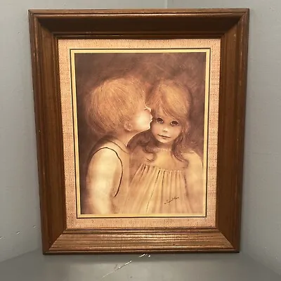 A Little Kiss Wood Framed Print By Margaret Kane Boy Kissing Girl MCM Big Eyes • $90