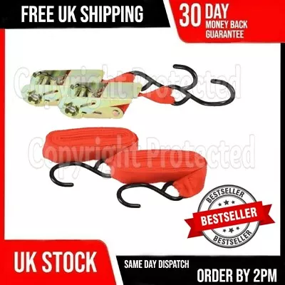 2 Ratchet Tie Down Straps Adjustable Car Roof Rack Fastener Hooks 4.5m X 25mm • £6.49