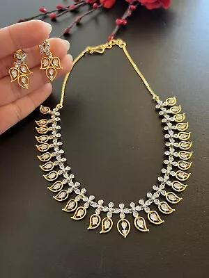 Indian Pakistani 22 Ct Gold Plated Cubic Zirconia Necklace Earrings Chocker • £27.99