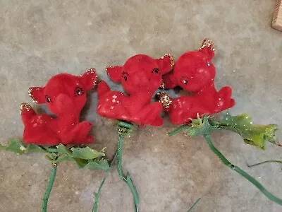 3 Vintage Red Flocked Deer Tie-on  Floral Wreath Picks Crafting • $14.99