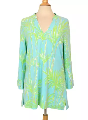 LILLY PULITZER Stretch Cotton Jersey Tunic Top L Aqua Blue Green Bamboo Print • $35