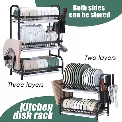 Dish Rack 2/3 Tier Kitchen Storage Plate Cup Drying Drainer Tray Cutlery Holder • $37.97