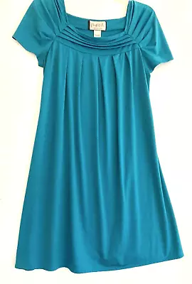 Vintage Mary McFadden Dress L Short Sleeve Green Teal Poly Spandex • $18.50