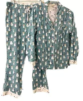 Munki Munki Flannel  Pajamas PJ's Set Snowman Winter XL Teal • $28.50