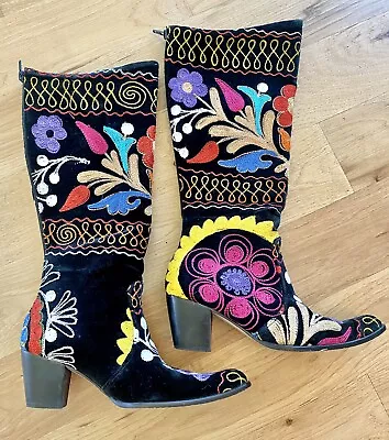 Black Velvet & Colorful Floral Embroidered Tall Boots Back Zipper 35 5 • $34.99