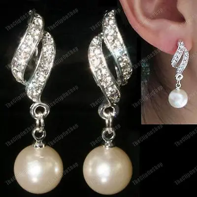 CLIP ON Pearl TWIST Rhinestone CRYSTAL Drop EARRINGS Silver Fashion CREAM/WHITE • £3.44