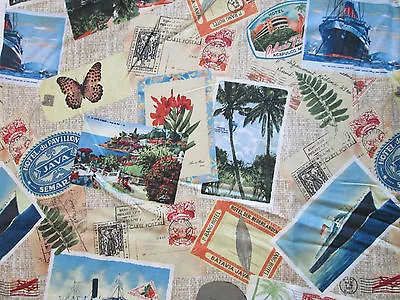 $2.99 • Buy Vintage Post Cards Hemmingway Marks Ships Butterfly Tan Cotton Fabric Fq Oop