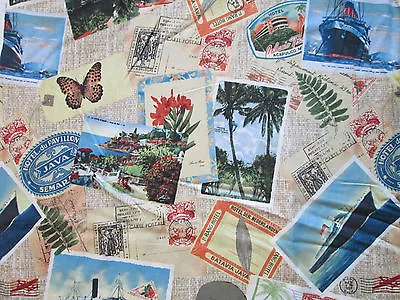 Vintage Post Cards Hemmingway Marks Ships Butterfly Tan Cotton Fabric Fq Oop • $2.99