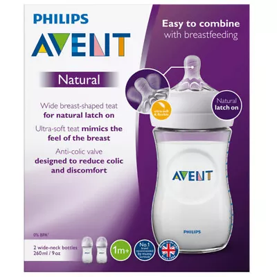 $30.90 • Buy Philips Avent Natural Feeding Bottle 1M+ 260Ml 2 Pack Reduces Colic Wide Neck