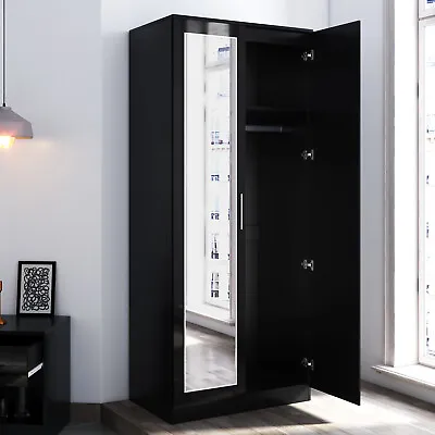 2 Doors Black High Gloss Wardrobe Bedroom Furniture Storage With Hanging Rail • £135.98