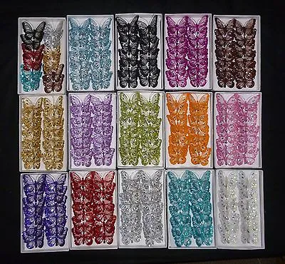 12 8cm Decorative Butterflies Glitter Jewelled Clip-on Butterfly Mesh Wedding • £7.95