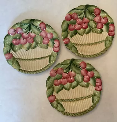 Majolica Plates Made In Italy Cherries In A Basket 8.5 Inches Lot Of 3 • $19.50