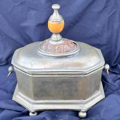 Vintage Metal & Shell Hinged Lidded Box Or Large Handled Tea Caddy Hand Made • $168.75