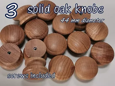 Set 3 Wooden Oak Knobs Handle Kitchen Doors Drawer  Solid Wood 44 Mm Diameter  • £6.49