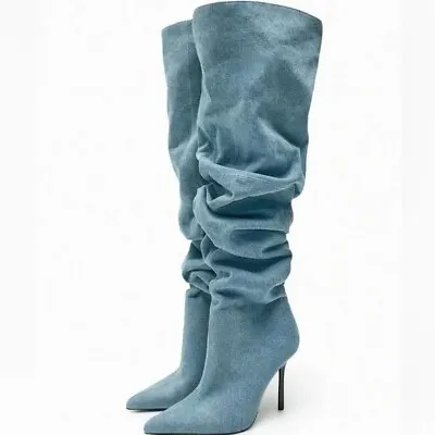 $199 • Buy Zara Blue Over The Knee Demim Boots