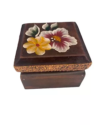 Floral Hand Painted Wood  Trinket Jewelry Gift BoxSquare Boho Artisan • $19