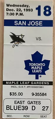 Toronto Maple Leafs Vs San Jose Sharks Ticket Stub 12 22 1994 Blue39 RowD Seat27 • $7.36