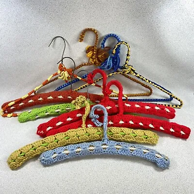 Vintage Hand Crocheted Yarn Covered Wire Hangers Red Pink Blue Yellow Lot Of 10 • $10.19