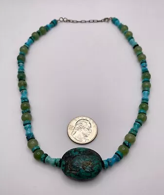 Vintage Navajo Turquoise And Jadite Necklace Silver Chain And Clasp 70’s • $125.95