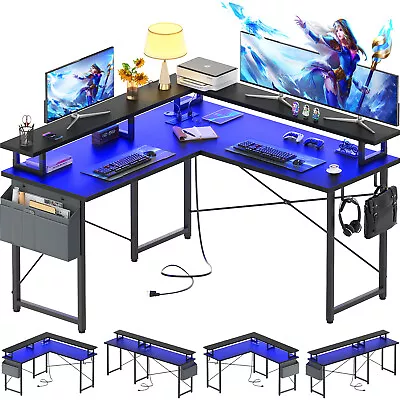 L Shaped Gaming Desk With Power Outlets RGB LED Lights Computer Desk Corner Desk • $109.95