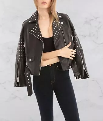 Women Studded Black Leather Jacket Goth Style Lambskin Leather Motorcycle Jacket • £160.18