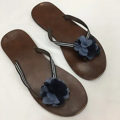 MOSSIMO Sz Large Leather Flip Flop Floral Blue Brown Open Toe Women Shoe Owl • $15.95