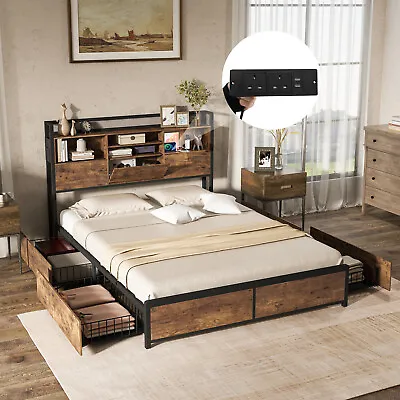 Queen Size Bed Frame Metal Platform Bed W/4 Storage Drawers & Storage Headboard • £249.95