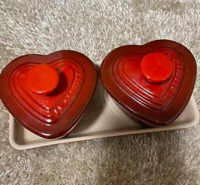 Le Creuset Petite Ramekin Heart Cocotte & Tray Set Red [without Box] Used • £38.01