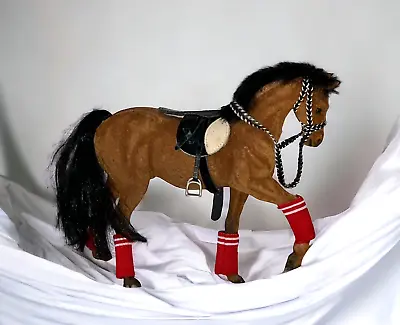 Vintage Brown Flocked Toy Horse Saddle Reins Red Leg Wraps • $24.99
