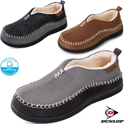Dunlop Mens Memory Foam Slippers Warm Fur Cosy Indoor Slip On Moccasins Shoes • £14.99