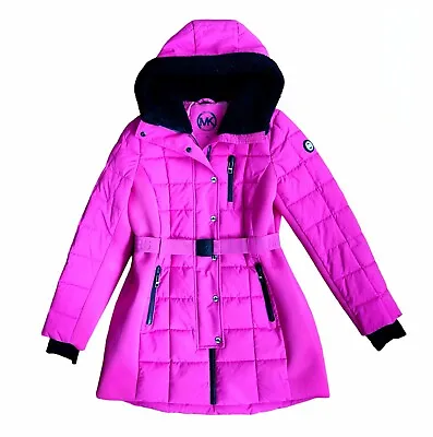 MICHAEL KORS Women’s M Fuchsia Pink Puffer Scooba Belted Jacket Faux Fur Hood MK • $129.99