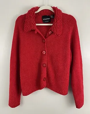 Michael Simon Sparkle Metallic Cardigan Sweater Red Fuzzy Shag Holiday Womens XL • $48