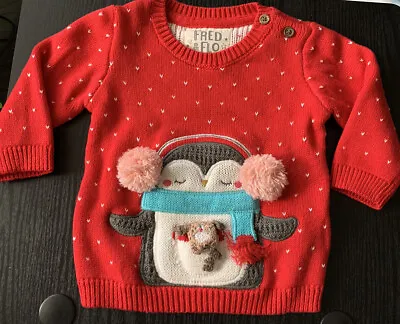 F&F Baby Red Penguin Knit Jumper Age 3-6 Months Christmas Xmas • £4.50