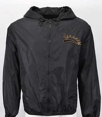 NEW Versace Men's Black Nylon Chest Logo Hooded Bomber Jacket 40 50 Large • $377.54