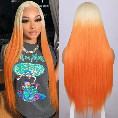 Long Straight Lace Front Wigs Blonde Ombre Orange Ginger Synthetic Hair Wig US • $35.90