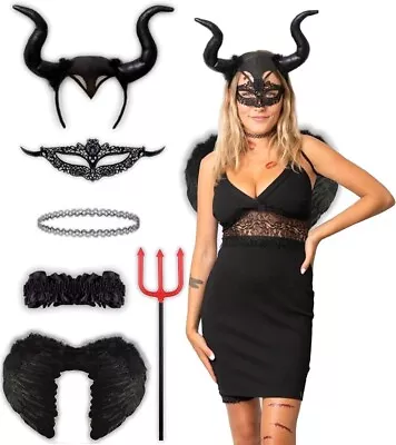 Black Devil Costume 8pcs Wings Dark Angel Mask Maleficent Demon Sexy Women's UK • £8