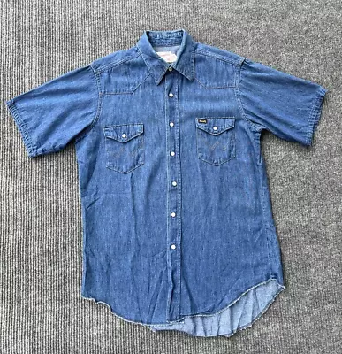 Vintage Wrangler Shirt Mens 16 34 Blue Pearl Snap Denim Cowboy 100% Cotton • $49.97