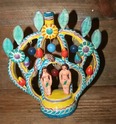 VTG Mexican Folk Art Pottery Candelabra Adam Eve Snake Tree Of Life 8''H X 8 W • $160.30