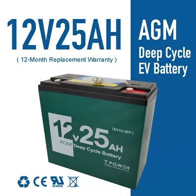 Tpower 12V 25AH AGM Deep Cycle Battery F Electric Scooter EBike Golf Buggy • $79.98