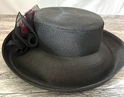 Black Straw Hat Betmar New York Woven Bow 15in Circumference Excellent Vintage • $20.99