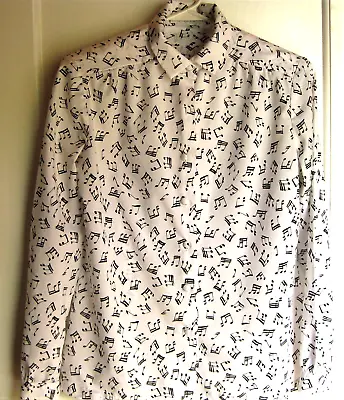 Vintage 70s Lanvin Womens Long Sleeve Blouse Music Note Print Sz 12 Made In USA • $29.95