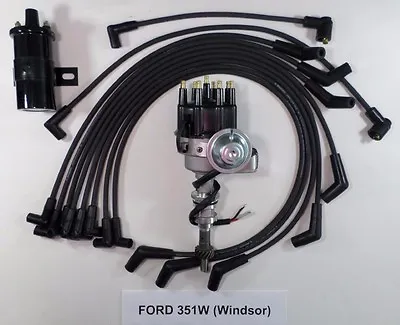 FORD 351W WINDSOR BLACK Small HEI Distributor +BLACK 45K COIL + SPARK PLUG WIRES • $149.77